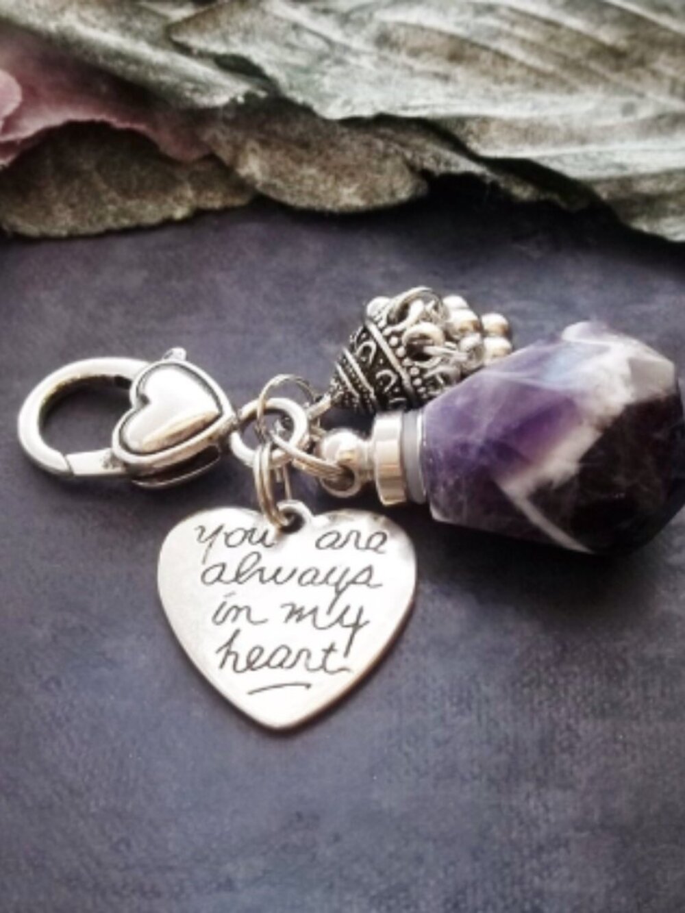 Amethyst Crystal Locket Bottle Keychain Charm Keepsake Purple Quartz Stone